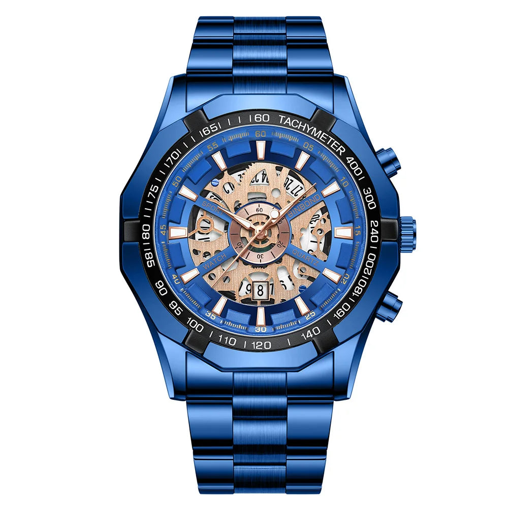 2024 Binbond Mens Watches Top Brand Luxury Stainless Steel Waterproof Hollow Out Blue Big Male Wristwatches Relogio Masculino